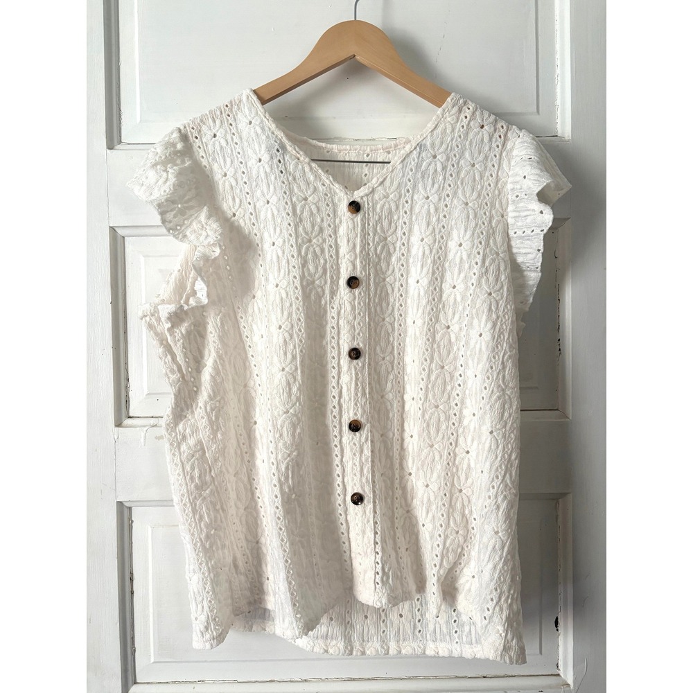 White Eyelet Lace Button Down Ruffle Sleeve Boho Cottagecore Blouse XXL